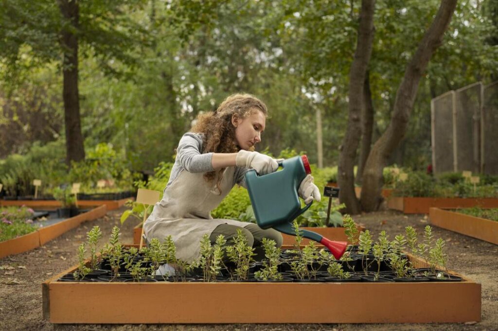 full-shot-woman-watering-garden-plants